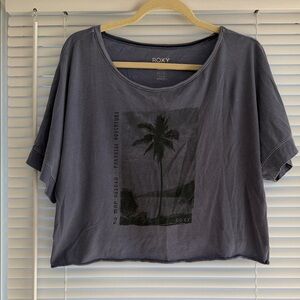 Roxy Denim Blue Crop Tee with Palm Tree Graphic